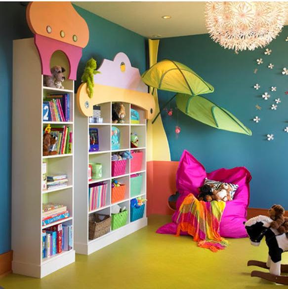 ركن القراءة - تصميم غرفة الأطفال - كيس القماش - رفوف الكتب - تزيين الجدران - الرسم