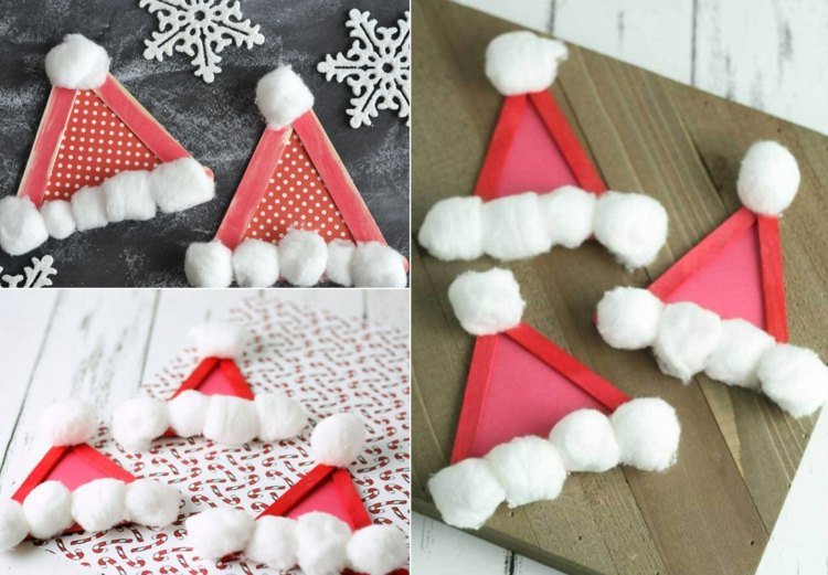 اصنع قبعة سانتا بسيطة مع الأطفال من الورق وعصي المصاصة والصوف القطني