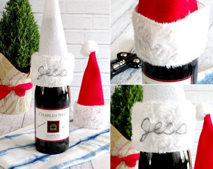 اصنع قبعة بابا نويل من اللباد دون الخياطة لتزيين زجاجات النبيذ للتخلي عنها