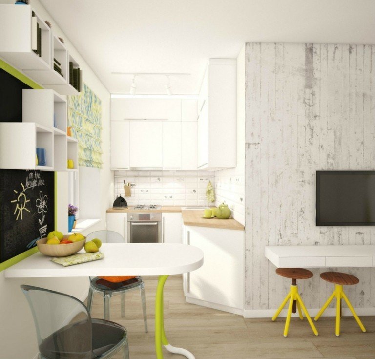 نصائح تأثيث مطبخ صغير جدار مكانه أثاث أبيض لهجات خضراء صفراء
