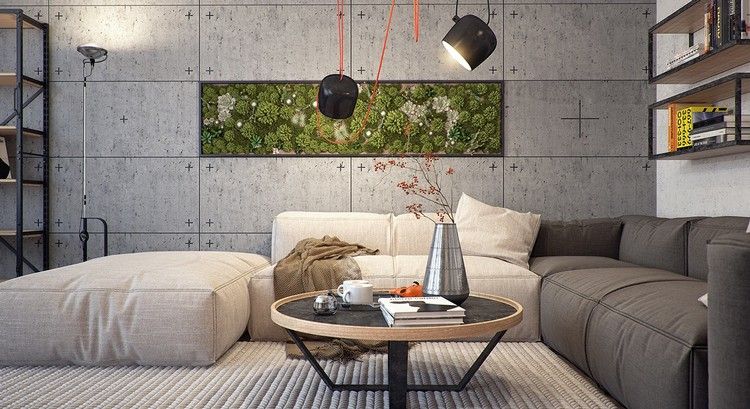 العناصر الطبيعية جدار النباتات الخرسانية نمط أريكة والإضاءة كما في الاستوديو