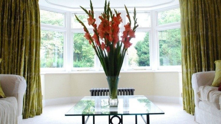 نافذة-تزيين-ستائر-خضراء-طاولة قهوة-زجاج-مزهرية-زهور-كنبات-بيضاء