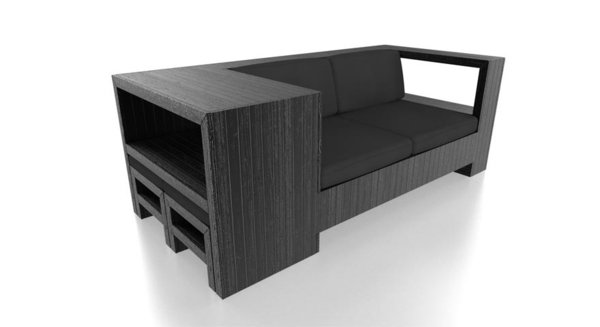 تصميم أثاث من الخشب والأريكة السوداء