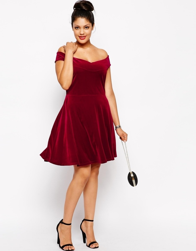 فستان قصير - مخمل - كارمن - خط الرقبة - أحمر داكن - مقاس XXL