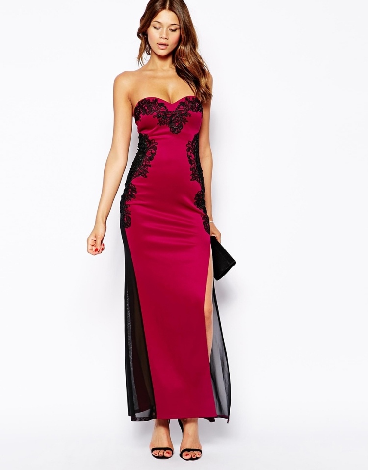 فستان ماكسي بدون حمالات من Lipsy زهري-دانتيل-شبكي-جانبي-أحمر-أسود