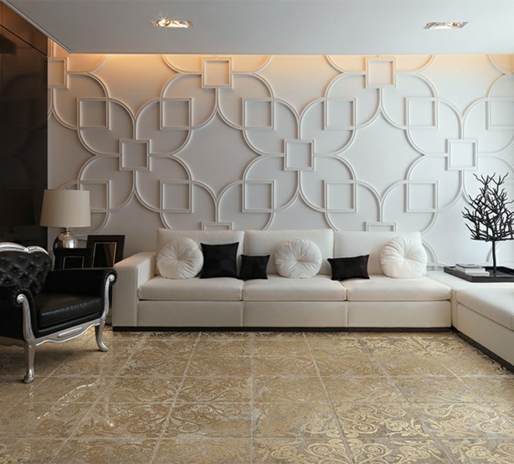 نظرة الحجر البلاط نمط سلالة الذهب الجدار تصميم فكرة الأريكة البيضاء