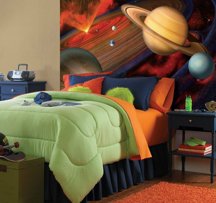 غرفة الأطفال الجدارية الكواكب غرفة الأولاد على اللوح الأمامي السرير
