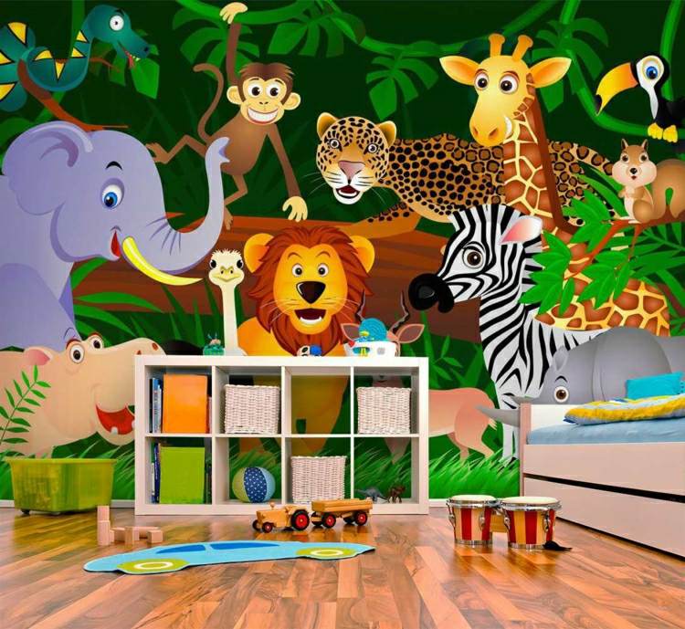 خلفية الصورة في غرفة الأطفال الغابة الأسد الفيل الزرافة