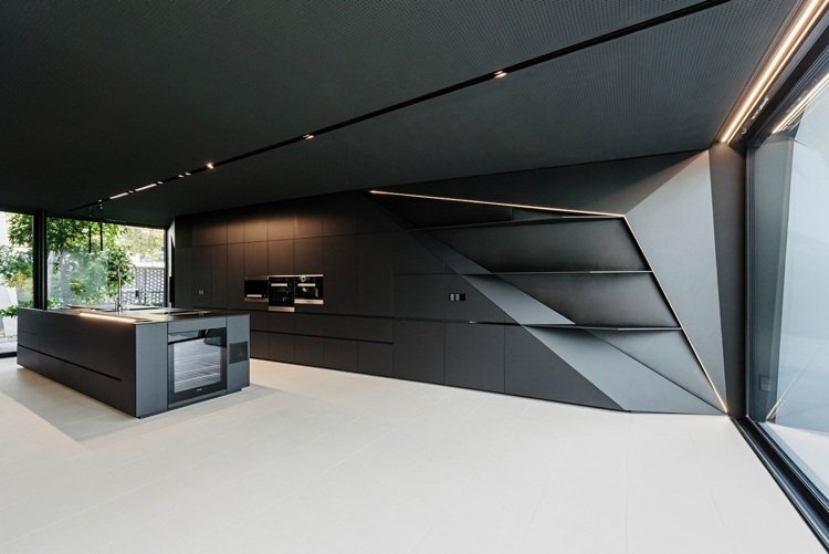 التصميم الداخلي المستقبلي الحد الأدنى من المطبخ الأسود الهندسي