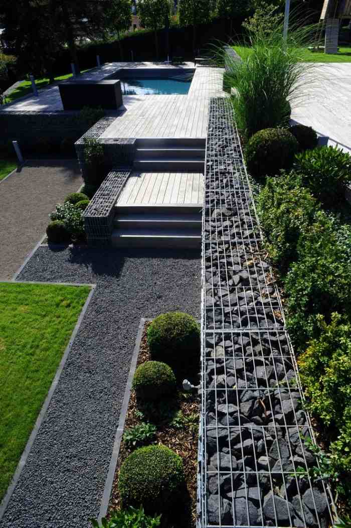 Gabion-fence-in-the-garden-privacy-screen-pool-area-gravel path