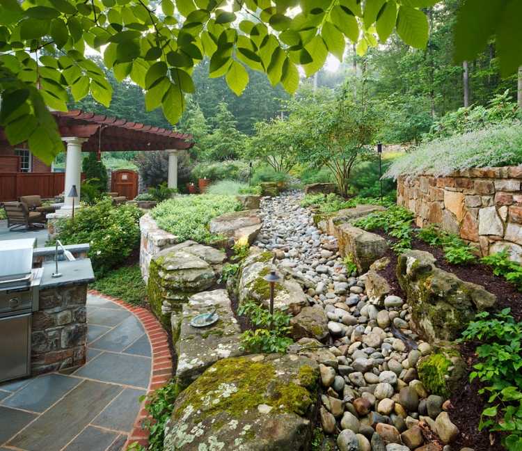تصميم الحديقة على المنحدر - الصخور - الاحتفاظ بالجدار - الحجارة - دائمة الخضرة - غطاء الأرض