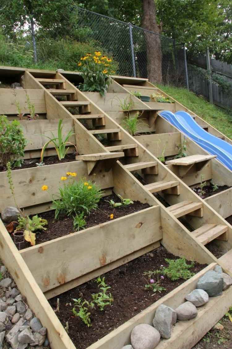حديقة - تصميم - منحدر - خشب - بناء - خطوة - مدرجات - أسرة زهور
