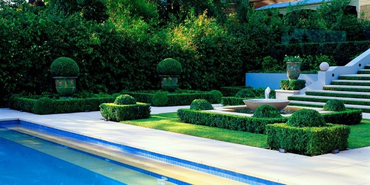 حديقة-تصميم-فرنسي-نمط-حمام-منطقة-منخفضة-تحوط-نباتات