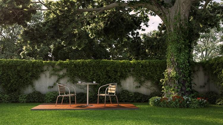 حديقة-ركن-تصميم-صغير-خشبي-سطح-في-ظل-شجرة-سياج الخصوصية