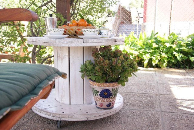 طاولة حديقة - أفكار خشبية - طبل - أسطوانة - شرفة - زارع - رف سفلي