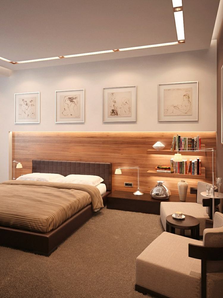 أفكار التصميم لغرفة النوم الإضاءة الخشبية الجرف تصميم السقف