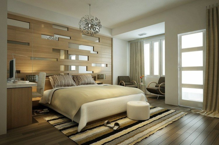 أفكار التصميم لغرف النوم مشرق الأثاث لهجة الجدار الخشب مرآة الجدار الأبيض