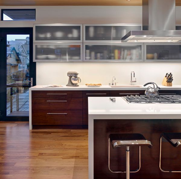 أثاث المطبخ ألواح خشبية بلوري وحدات الحائط الزجاجي بار البراز المعدني