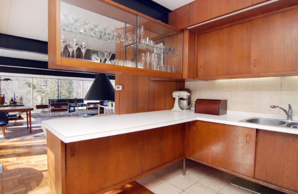 ركن المطبخ تصميم رفوف - خزانات خشبية انزلاقية من الزجاج