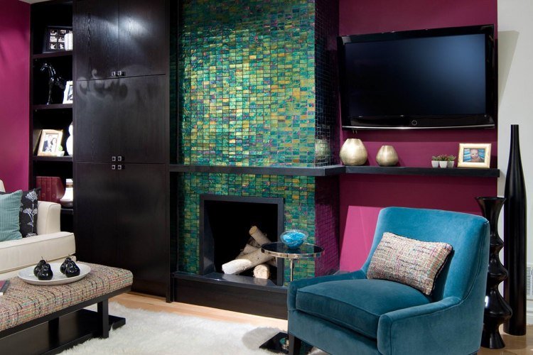 بلاط زجاجي - فسيفساء - تصميم - غرفة معيشة - فخم - بنفسجي - لون الجدار - بيرموت