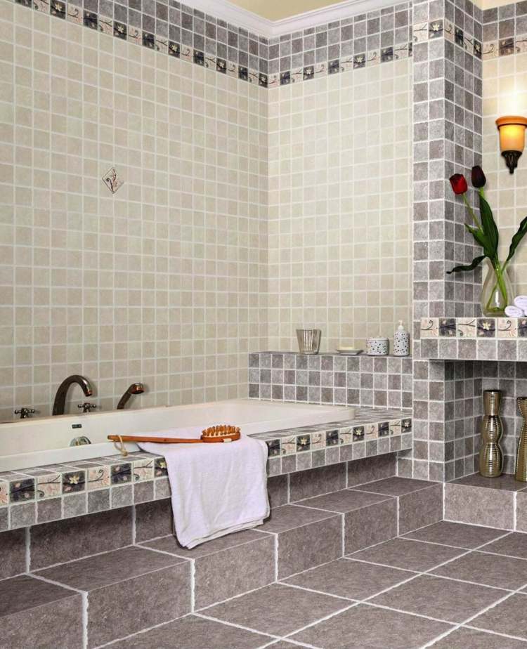 البلاط الرمادي الشكل التقليدي التصميم الداخلي حوض أرضية الحمام