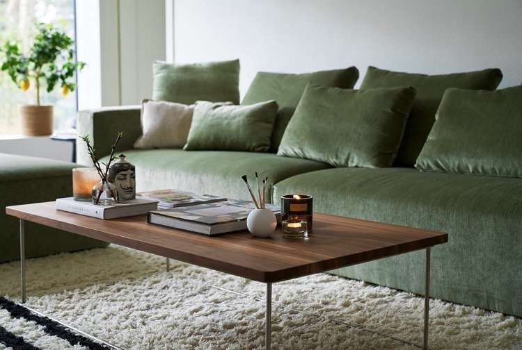 أريكة خضراء في غرفة المعيشة japandi - أي سجادة