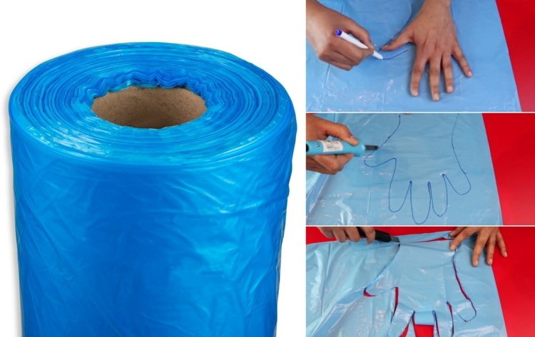 انقل مخطط اليد إلى الكيس البلاستيكي واقطعه لقفازات واقية ذاتية الصنع