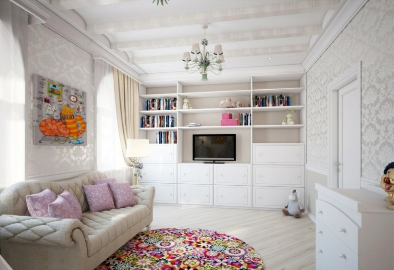غرفة الأطفال خلفية بيضاء نمط لامع جدار غرفة المعيشة سجادة ملونة بألوان أريكة