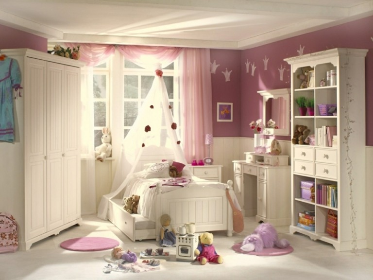 غرفة الأطفال الأثاث الأبيض فكرة السرير أربعة ملصق تصميم الجدار الوردي