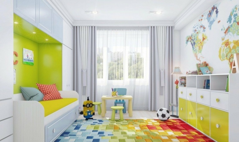 غرفة الأطفال أثاث أبيض ديكور ملون سجاد حديث هندسي سرير نهاري أومبير