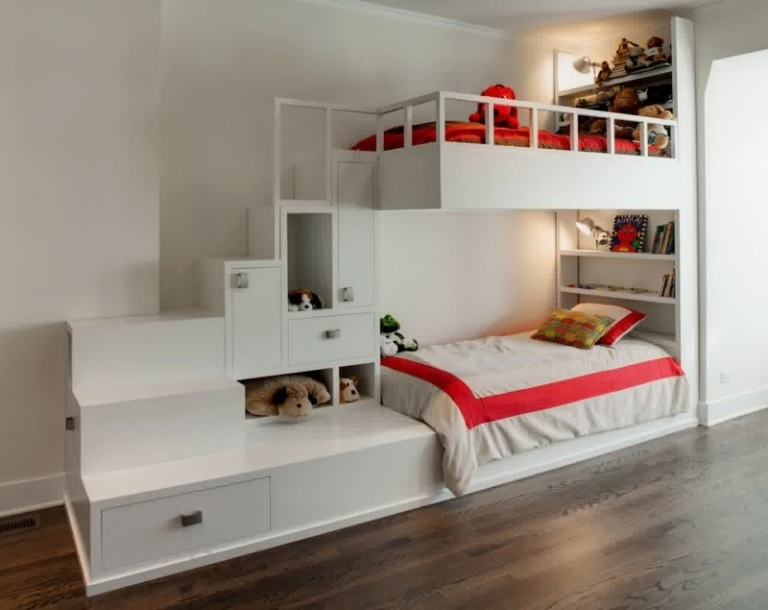 غرفة الأطفال بيضاء سرير علوي فكرة خزانة الدرج سرير الضيف