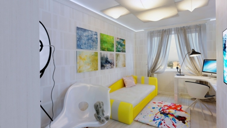 غرفة الأطفال في جدار الفن الأبيض لهجة السرير تتناقض مع الأثاث الحديث الأصفر