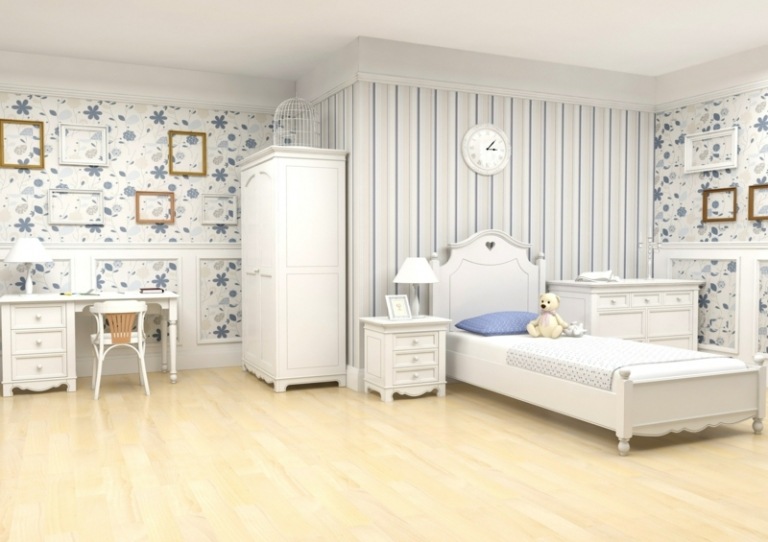 غرفة الأطفال في خلفية بيضاء المشارب الزخارف الزهرية صفح أزرق فاتح