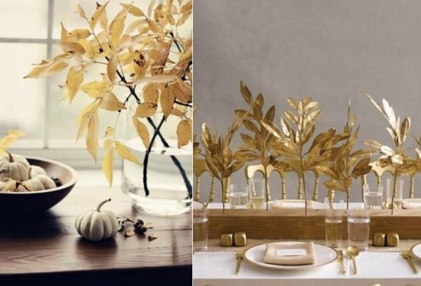 إعداد طاولة مجوهرات الخريف - بصريات ذهبية يترك طاولة خشبية من القرع
