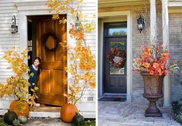 فصل الخريف - مدخل الباب الأمامي - تسلق أوراق الشجر - فانوس القرع الترقيع النبات