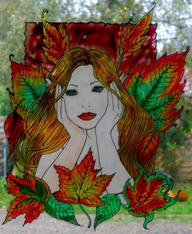 أفكار صور خرافية ألوان نافذة الطلاء أوراق الخريف