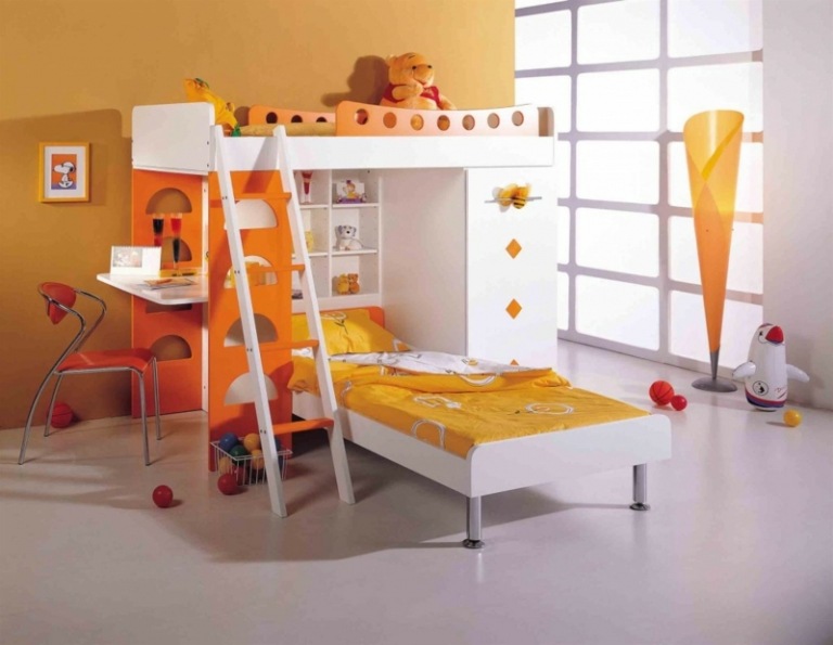 سرير علوي لغرفة النوم برتقالي أبيض للأطفال سلم الجرف مكتب
