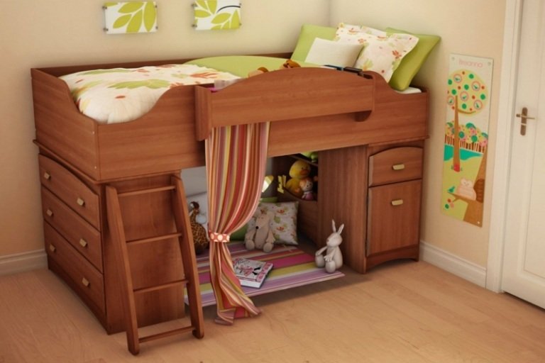 سرير علوي لغرفة النوم منطقة جلوس خشبية ستارة غرفة الأطفال