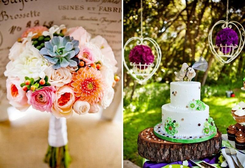 ديكورات الزفاف-أفكار-الخريف-الزهور-الطازجة-كعكة الزفاف-خمر-جذع شجرة-شريحة