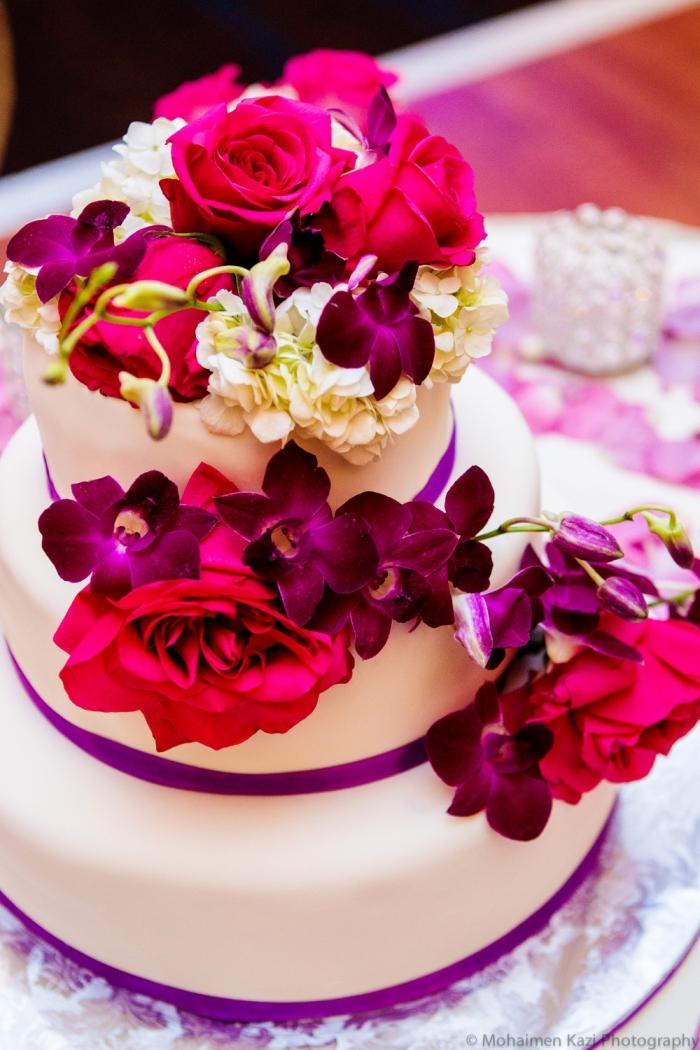 كعكة أرضية-ديكور-فوشيا-وردي-بنفسجي-ساتان-شريط زهور أزهار