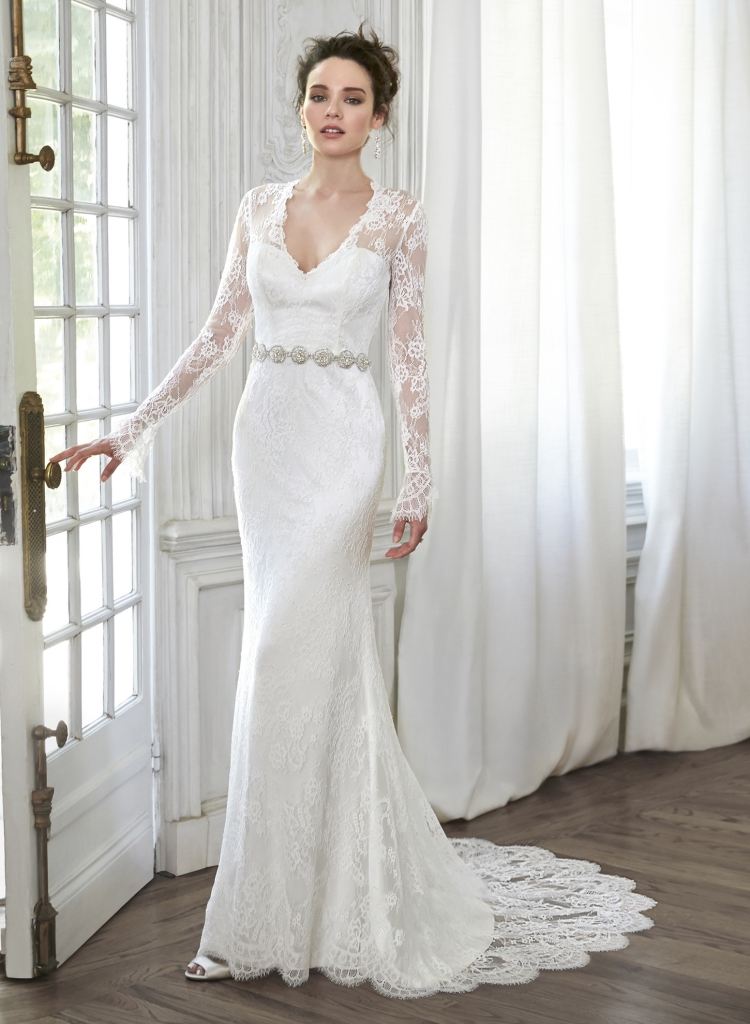 اتجاهات-فستان-زفاف-2014-أبيض-دانتيل-كم طويل-خمر-حساس-اكسسوار حزام