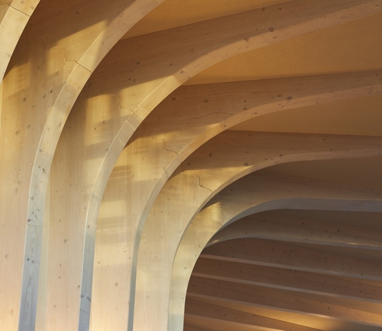 سقف خشبي مع عوارض مقوسة كتصميم داخلي حديث مميز