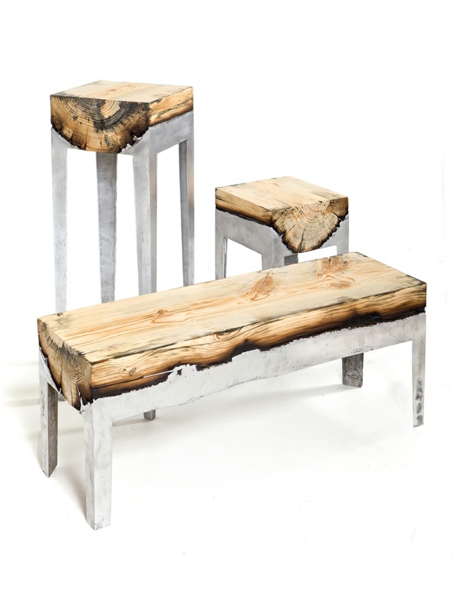 طاولة خشبية مع إطار معدني ، طاولة طعام ، كرسي مرتفع ، ريفي بسيط