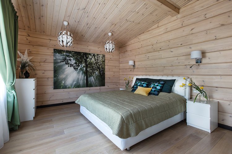 كسوة خشبية للحائط-غرف نوم-حديثة-سقف مائل للضوء الأخضر