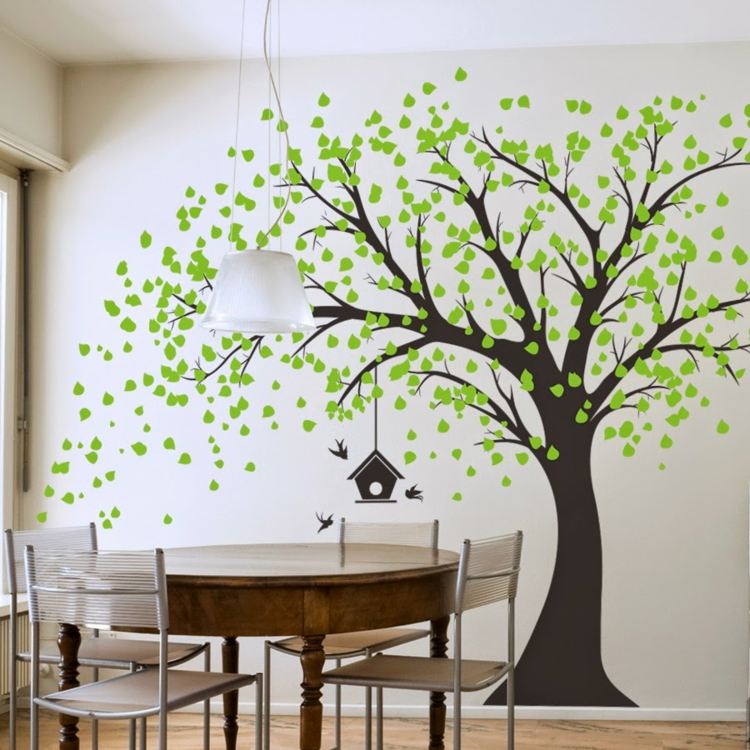 جدار رسم شجرة يترك بيردهاوس طاولة طعام الكراسي فكرة مصباح