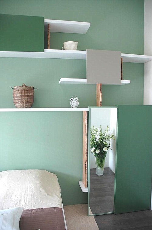 أرفف حائط أفكار بسيطة لغرفة النوم الداخلية بالنعناع
