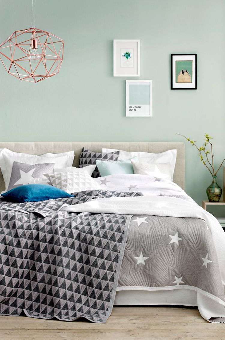 غرفة نوم بالنعناع الداخلية - بياضات سرير نجوم اسكندنافية حديثة
