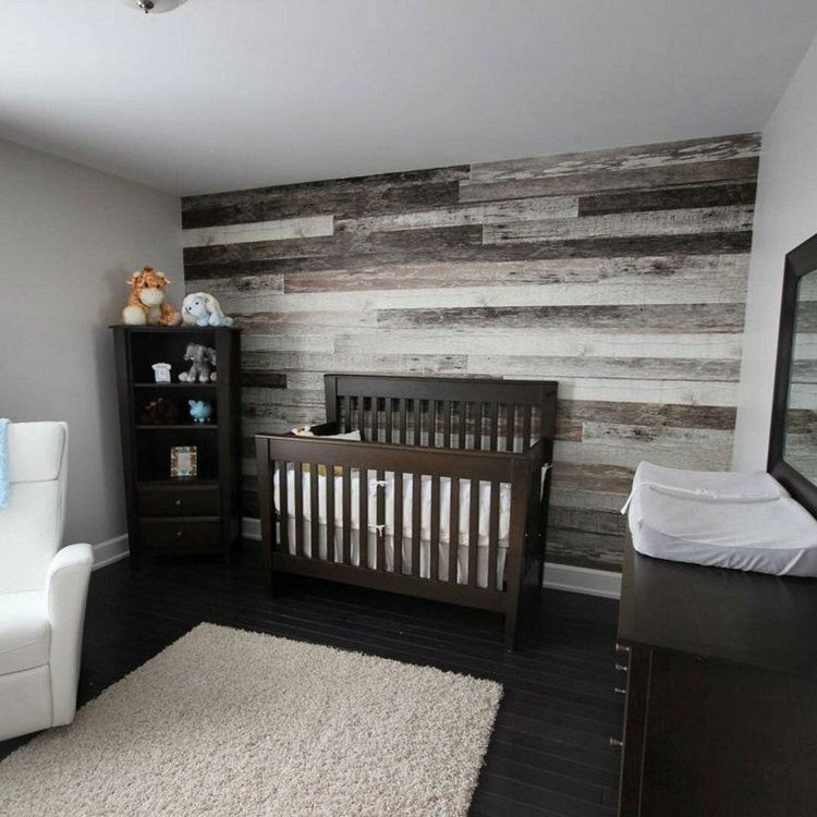 أثاث غرفة الطفل الجميل مصنوع من الخشب الداكن وجدار مميز