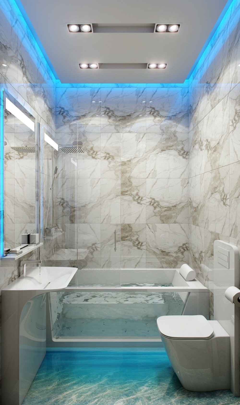 الحمام المبلط الضوء الأزرق غير المباشر إضاءة السقف شفافة