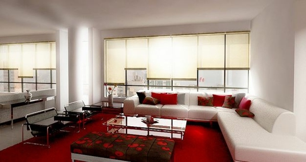غرفة المعيشة أريكة بيضاء حمراء قماشية ستائر طاولة زجاجية
